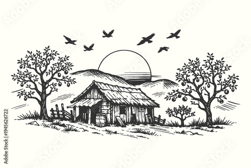 Rustic woodcut illustration of a small wooden farmhouse with fruit trees and a setting sun with birds for country living and organic farm themes.