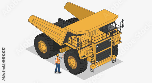 Isometric illustration of a large yellow mining dump truck with a worker.