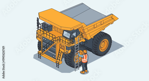 Isometric illustration of a large yellow mining dump truck with a worker climbing a ladder.