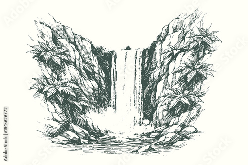 Tropical engraving style illustration of a powerful waterfall cascading down rocky cliffs surrounded by lush fern foliage for nature travel guides.