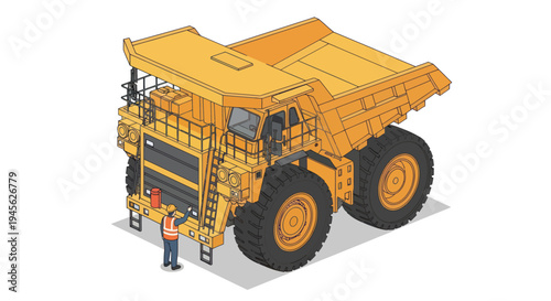 Isometric illustration of a large yellow mining dump truck with a worker.