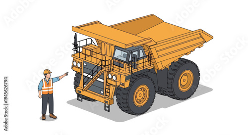 Isometric illustration of a large yellow mining dump truck with a worker.
