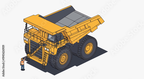 Massive Mining Dump Truck and Worker Isometric Illustration.