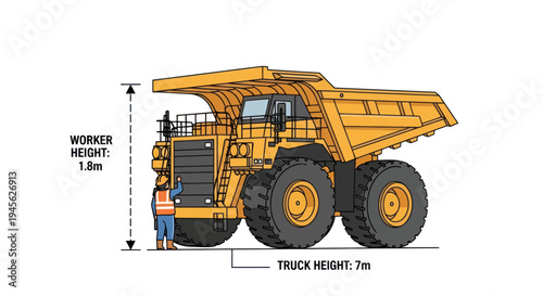 Massive Mining Dump Truck with Worker for Scale Illustration.
