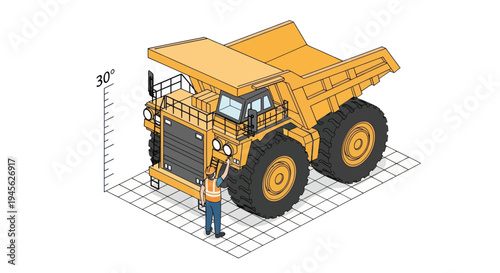 Massive Mining Dump Truck with Worker for Scale Illustration.