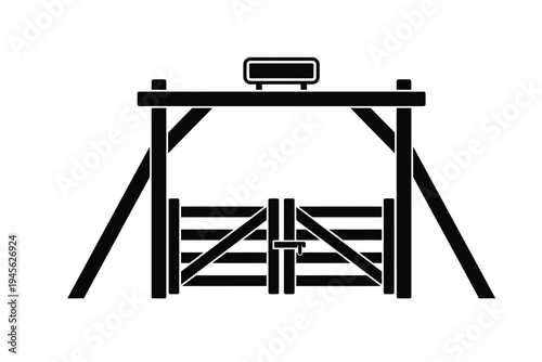 Black silhouette of a livestock weighing station with a wooden gate and scale on top, isolated on a white background.