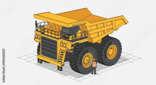 Massive Mining Dump Truck with Worker Isometric Illustration.