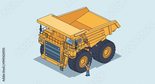 Massive Mining Dump Truck with Worker Isometric Illustration.