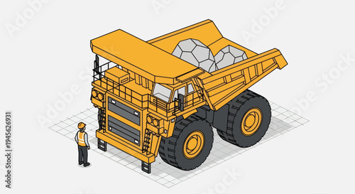 Massive Mining Dump Truck with Worker Isometric Illustration.