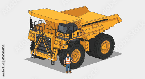 Massive Mining Dump Truck with Worker Standing Beside It.