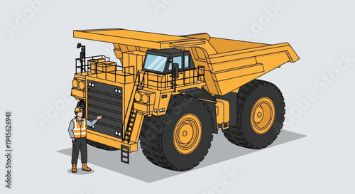 Massive Mining Dump Truck with Worker Standing Beside It.