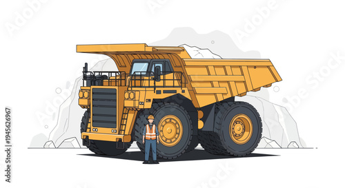 Massive Mining Dump Truck with Worker Standing Nearby.