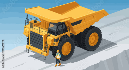 Massive Mining Dump Truck with Worker Standing Nearby.