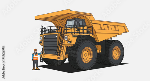 Massive Mining Dump Truck with Worker Standing Beside It.