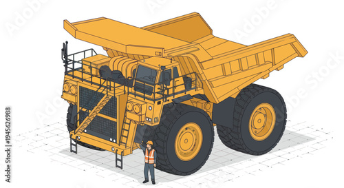 Massive Mining Dump Truck with Worker Standing Nearby.