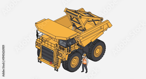 Massive Mining Dump Truck with Worker Standing Nearby.