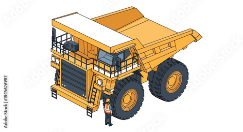 Massive Mining Haul Truck and Worker Isometric Illustration.