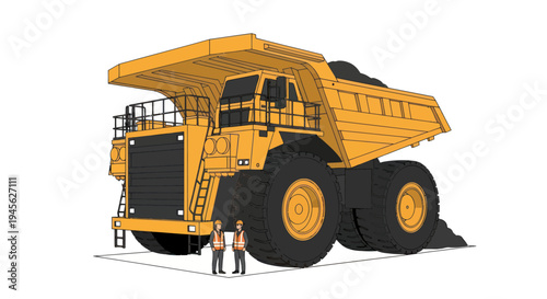 Massive Yellow Mining Dump Truck with Human Figures for Scale.