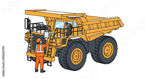 Worker inspecting a large yellow mining dump truck.