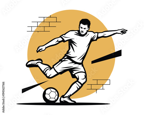 Dynamic illustration of a male soccer player kicking a ball with intensity in front of a circular background