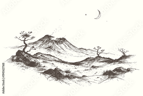 Minimalist engraving of a distant volcano erupting with smoke under a crescent moon for mystical nature and geological disaster concept designs.