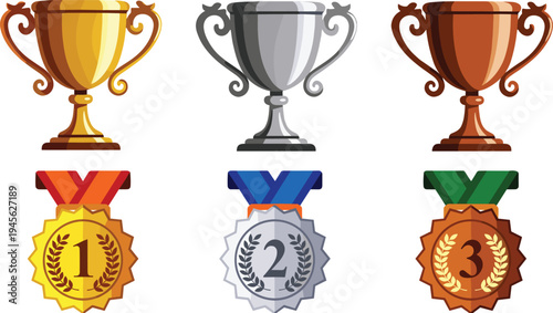 Gold silver and bronze trophy cups with first second third place medals, winner award icons collection for competition, championship achievement concept vector illustration set