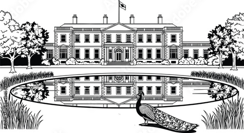 Grand palace mansion with garden pond reflection and peacock line art illustration, elegant historic architecture landscape scene vector design isolated on white background