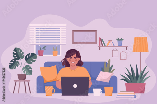 Woman working on laptop from a cozy living room interior setting