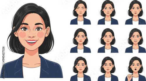Business woman avatar with multiple facial expressions set, female character emotions collection, smiling surprised thinking talking poses, professional office person vector illustration