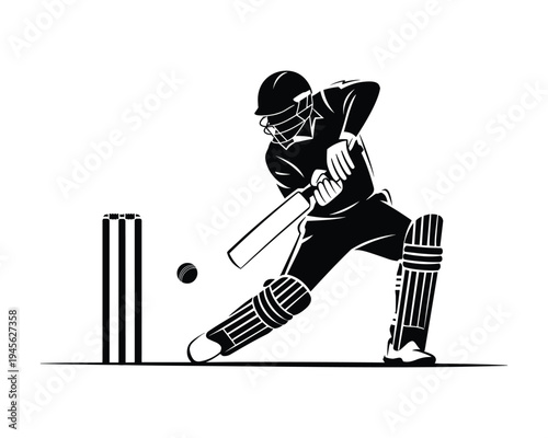 Silhouette of a cricket batsman in protective gear swinging the bat to hit the ball near the wicket