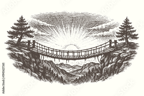 Hand drawn illustration of a wooden suspension bridge connecting two high cliffs at sunrise for travel, connection, and courage concept designs.