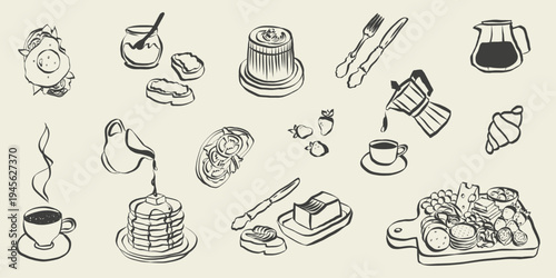 Whimsical coffee and breakfast doodles. Italian food with la dolce vita aesthetic in simple crayon and sketch style. Trendy art for menus and dinner brunch invitations. Vintage vector illustration
