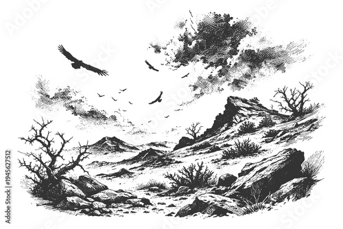 Detailed pen and ink landscape showing a vast mountain horizon with circling eagles and rocky outcrops for rustic nature and wildlife branding.