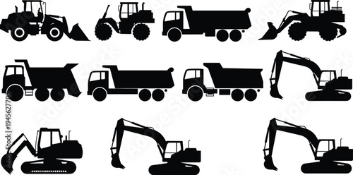 Construction machinery silhouettes set including excavator, dump truck, loader and tractor, heavy equipment vehicles for building, mining and industrial work