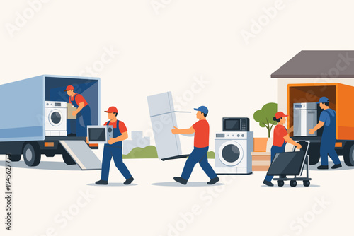 Professional Movers in Uniform Loading and Unloading Household Appliances Including Refrigerator, Washing Machine, and Microwave from Delivery Trucks, Flat Vector Illustration for Moving Service.