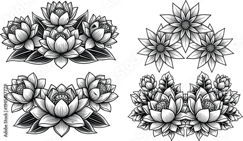 Hand drawn lotus flower arrangement set in black and white line art, decorative floral elements for tattoo, mandala, engraving, botanical illustration isolated on white