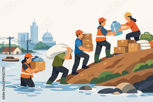 Volunteers and workers carrying essential supplies like water, food, and clothes to high ground during a major flood disaster in a city, providing humanitarian aid and emergency relief support.