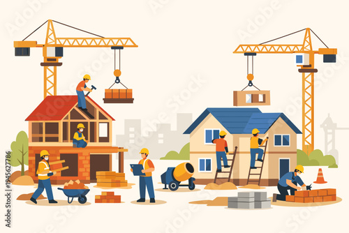 Professional construction workers building residential houses on a busy site with large yellow cranes, cement mixers, and building materials like bricks and wood in a flat vector illustration style.