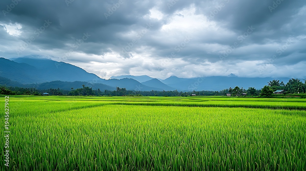 Fototapeta premium Vibrant green paddy field under dramatic cloudy sky with mountain range
