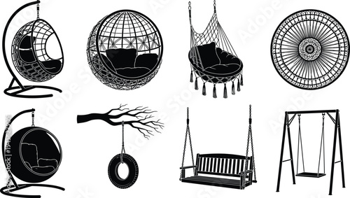 Hanging chair, hammock swing, tire swing and garden swing set silhouette collection vector illustration, outdoor furniture and playground relaxation elements isolated