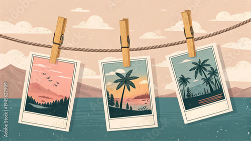 Vintage Polaroid Photo Frames Hanging on Rope – Retro Memory Vector Illustration
