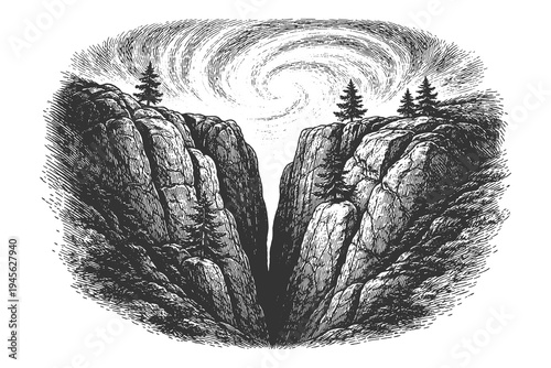 Hand drawn engraving illustration of a deep rocky canyon with evergreen trees under a dramatic swirling vortex sky for vintage outdoor adventure posters.