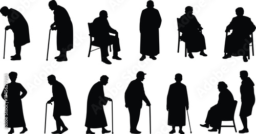 Elderly people silhouette set with senior men and women walking with cane, sitting and standing old age characters vector illustration