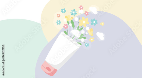 Cosmetic Tube Dispensing Spring Flowers and Bubbles, Minimalist Floral Illustration