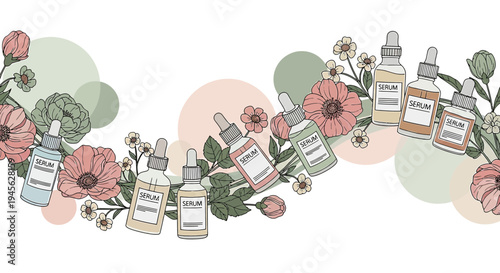 Cosmetic Serum Bottles with Botanical Floral Illustration