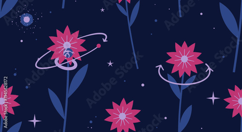 Cosmic Floral Pattern: Pink Flowers, Stars, and Orbiting Planets on Dark Blue