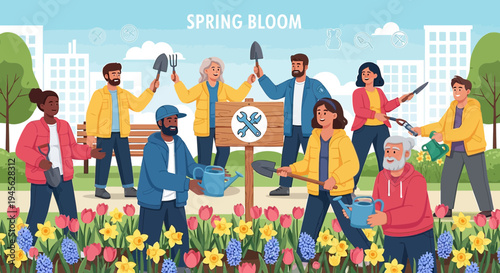 Community Spring Bloom Gardening: Diverse People Planting Flowers