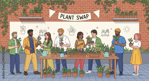 Community Plant Swap Event: Diverse People Exchanging Potted Plants and Flowers