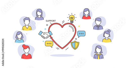 Community Support Heart Icon with People, Handshake, Lightbulb and Shield