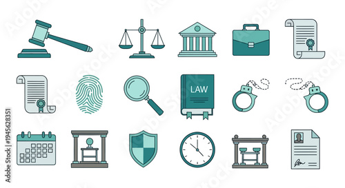 Law and Justice Icons Set Illustration.